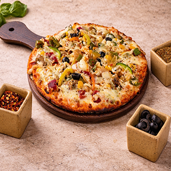 Vegetarian pizza with colourful vegetable toppings
