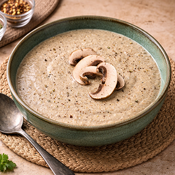 Creamy mushroom soup topped with sliced mushrooms